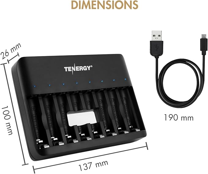 Tenergy TN477U 8-Bay Fast Charger for NiMH/NiCD AA AAA Rechargeable Batteries with 8pcs AA and 8pcs AAA Premium Pro Rechargeable Batteries
