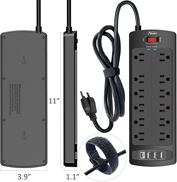 Power Strip, ALESTOR Surge Protector with 12 Outlets and 4 USB Ports(1 USB C Port), 20 Feet Extension Cord (1875W/15A), 2700 Joules, ETL Listed, Black