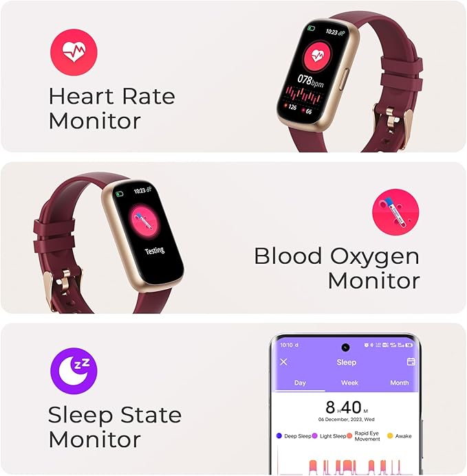 TIFOZEN Fitness Tracker for Women Men, Smart Watch Band with 24/7 Heart Rate Blood Oxygen Sleep Monitor, Calories Step Tracker Pedometer 3ATM Waterproof Activity Tracker for Android iOS, Wine Red
