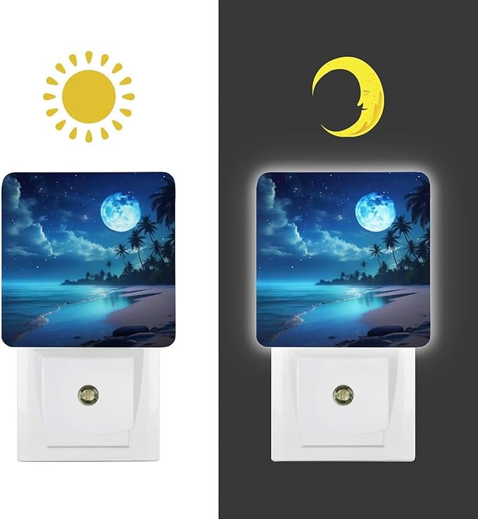 YKJAHSD Moon Beach Night Light, Plug into Wall Decor Nightlights for Bedroom, Bathroom, Hallway, Kitchen, with Dusk to Dawn Light Auto Sensors LED Night Lights for Boys Girls Women Men Room Gifts