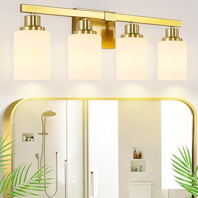 DIKAIDA 4-Light Gold Vanity Light, Modern Gold Bathroom Light Fixtures Over Mirror with Milky White Glass Shade, Bath Wall Mount Lights Wall Lamp for Mirror Bedroom, Living Room Hallway Kitchen