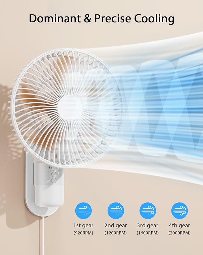 AURATHEA 10” Small Wall Mount Fan with Light and Remote Control, RV FAN with Powerful Airflow,90° Oscillating, 4 Speeds, Timer, 180° Adjustable Tilt, for Home/RV, Bedroom, Small Space Applications