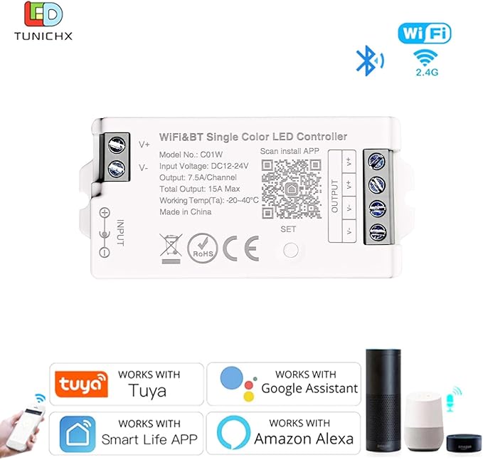 TUNICHX C01W Monochrome LED Strip Controller 2.4 GHz WiFi Group Controller Alexa Google Home Smartphone APP Control Compatible with WR02RF LM007 LM087 FUT006 B1 Mi-Boxer/Mi-Light Dim Remote
