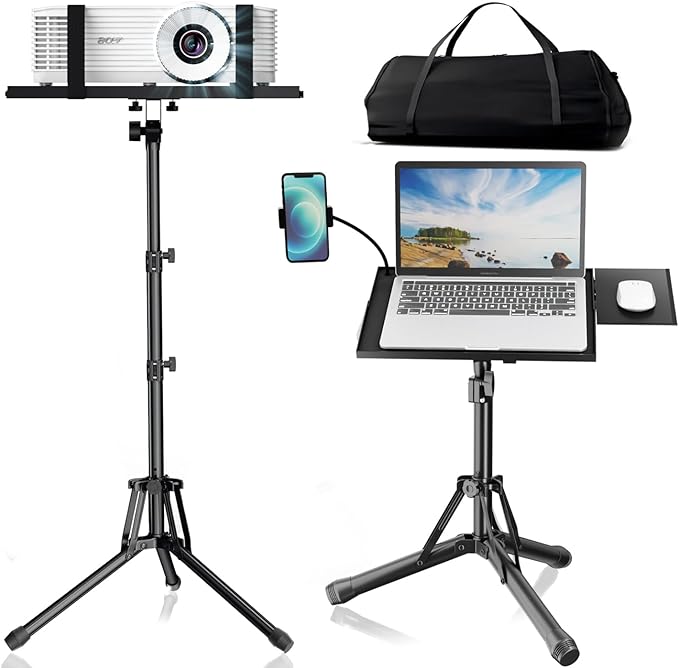 ORWOD Projector Stand Laptop Tripod - Portable Tripod Adjustable Height 20 to 60 Inch, Projector Stand with Gooseneck Phone Holder ＆ Mouse Tray, Laptop Floor Stand for Podium, Studio, DJ Racks