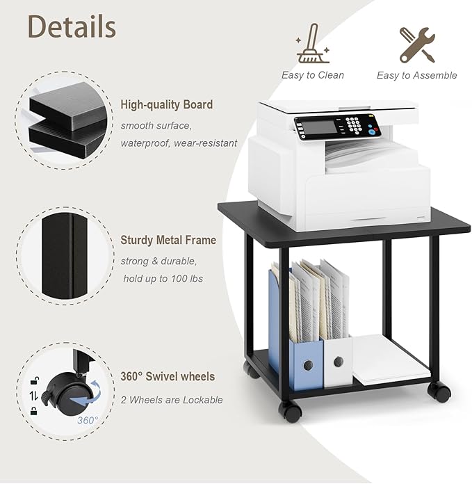 MARTY 22"x15.75" Large Under Desk Printer Stand with Storage Shelf 2-Tier Rolling Printer Cart with Wheels Printer Table for Home Office Heavy Duty Storage Rack for Scanner Fax Machine, Black