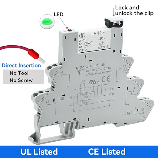 UL Listed 2Pcs Electromagnetic Relay for PLC;24V Relay Din Rail; 24VDC and 24VAC Both; SPDT with Push in Socket 6A 250VAC No Screw
