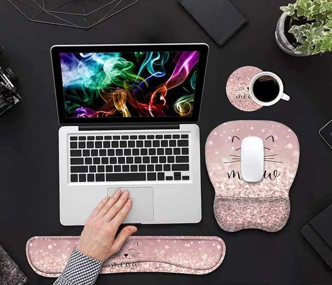 Ergonomic Mouse Pad Wrist Support and Keyboard Wrist Rest Set with Coasters, Non-Slip PU Base, Easy Typing & Pain Relief for Computer Laptop Home Office, Cute Cat Face Smile Meow
