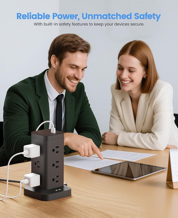 Power Strip Tower with Surge Protector 1800J, Fast Charging Tower PD20W USB-C Ports with 12 AC Outlets, 6ft Extension Cord for Home Office Dorm Room, Black