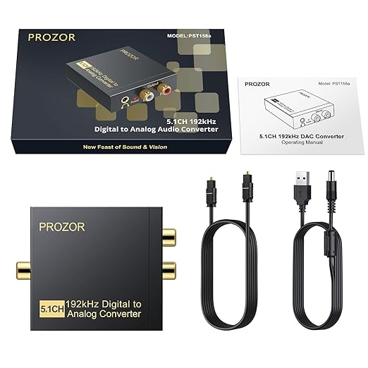 PROZOR 192Khz Digital to Analog Audio Converter Support 5.1CH Optical to RCA Converter with Magnetic Ring Power Cord Digital Toslink SPDIF to Analog L/R RCA 3.5mm Adapter for HDTV Blu-Ray DVD PS3 PS4