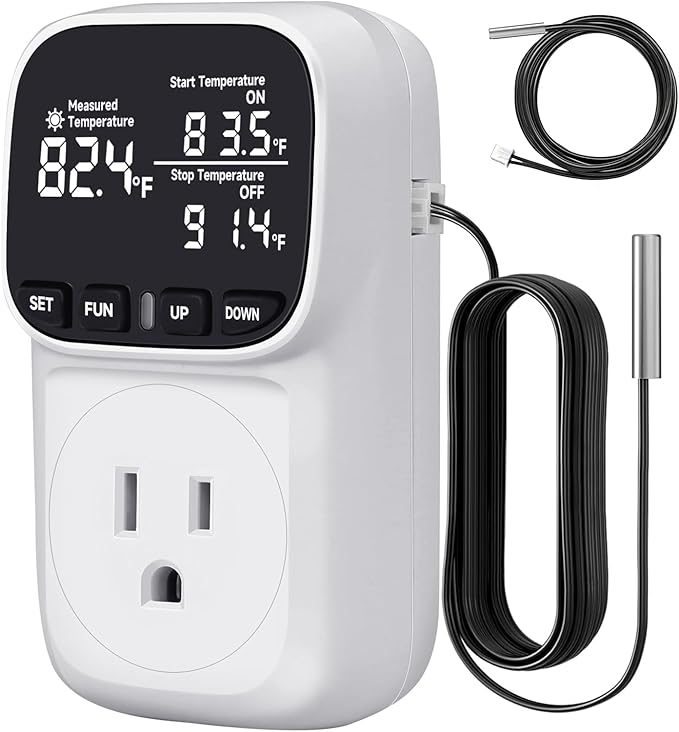 COMYAN Temperature Controlled Outlet with 16.4ft & 6.5ft 2 Probes, Reptile Thermostat 15A 1800W Digital Thermostat, Heating Cooling Timer with Cyclic Timing/Countdown, -40℉~210℉ for Reptile Incubator