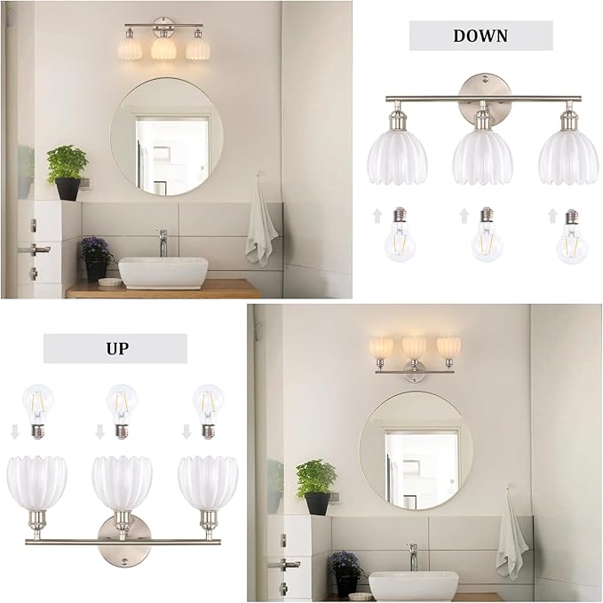 Shenmoyl Bathroom Light Fixtures, 3-Light Vanity Wall Light Over Mirror with White Tulip Glass Shade for Bedroom Living Room (Bulb Not Included), Satin Nickel