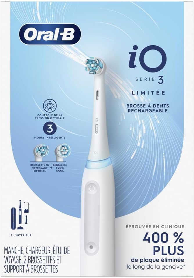 Oral-B iO Deep Clean Rechargeable Electric Toothbrush, White, iO Series 3 Limited, 2 Brush Heads, Travel Case, Pressure Sensor, 3 Cleaning Settings, 2-Minute Timer