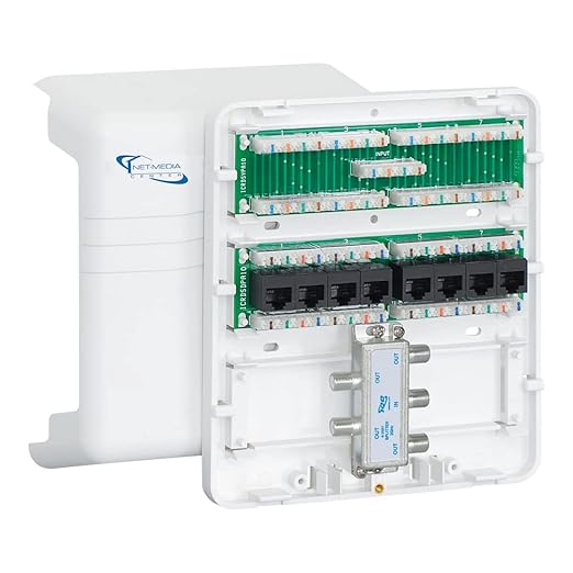 ICC Compact Plastic Structured Media Enclosure, Small Media Enclosure Box with CAT5e 8-Port PoE++, 1x8 Bridged Telephone, & 1x4 Video, 7.5 x 6.5 x 3.5 Inch, UL Listed TAA Compliant, ICRDSMMBK1