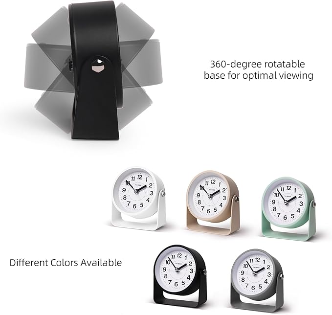 TIMESS Analog Alarm Clock, Silent Non-Ticking Quartz Movement, Battery-Operated with Snooze & On-Demand Light, Easy to Set Gentle Wake Bedside Desk Clock, Ideal for Home, Travel, Office (Black)