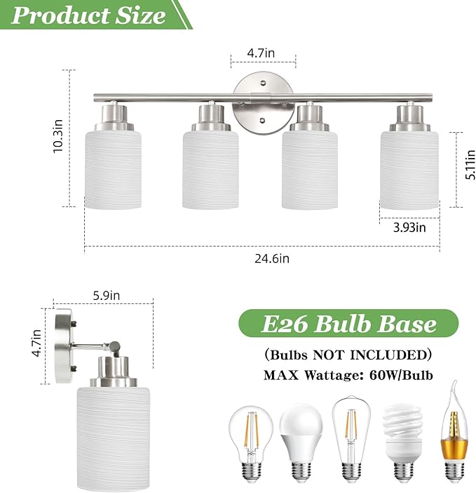 Guliaofo 4-Light Brushed Nickel Vanity Lights for Mirror, Bathroom Light Fixtures with Textured Milky White Glass Shade, Modern Kitchen Light Fixtures Wall Sconce Light - E26 Base