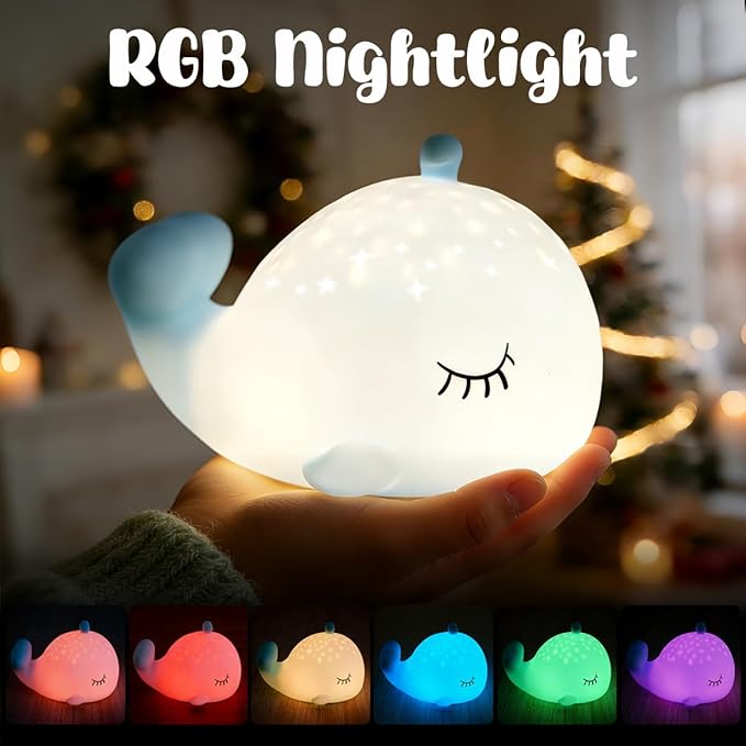 LEDHOLYT Cute Night Light Gifts for Kids, 7 Colors Blue Whale Toys Cute Lamp,Soft Silicone Baby Night Light,Silicone Whale Rechargeable Nightlight for Kid Kawaii Room Decor