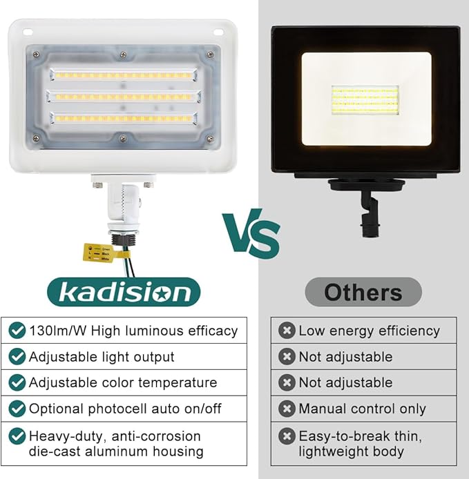 kadision LED Flood Light 50W/40W/30W, 3CCT 3000K/4000K/5000K Selectable, Dusk-to-Dawn Photocell, IP65 Waterproof Adjustable Knuckle Mount Security Lights, 100-277V ETL Listed, White 4 Pack