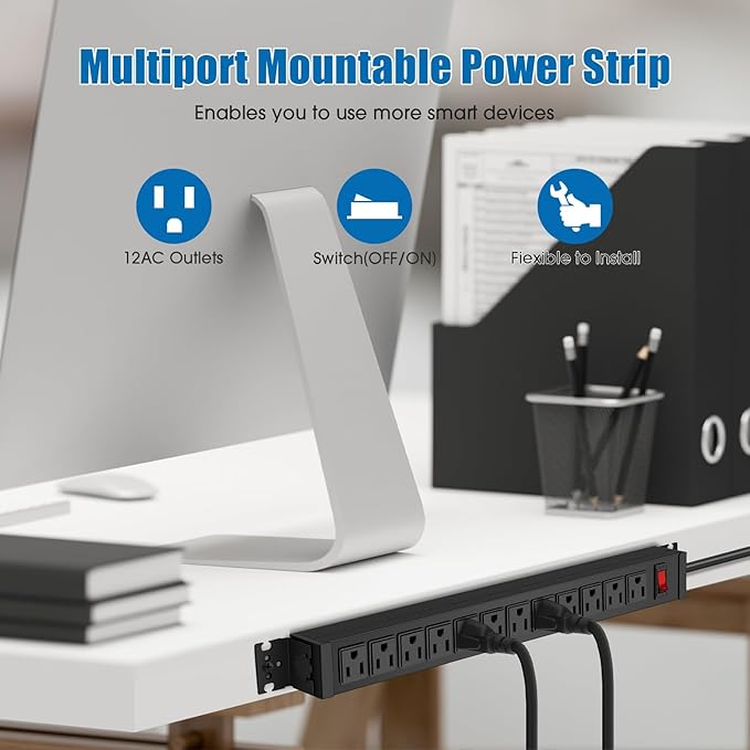 HHSOET 2Pack Rotating Mountable Power Strip, 12 Outlet Wall Mount Surge Protector, Metal Heavy Duty and Versatile Outlet Strip, Stylish Appearance, Sturdy and Durable. (2 Pack, 15FT)
