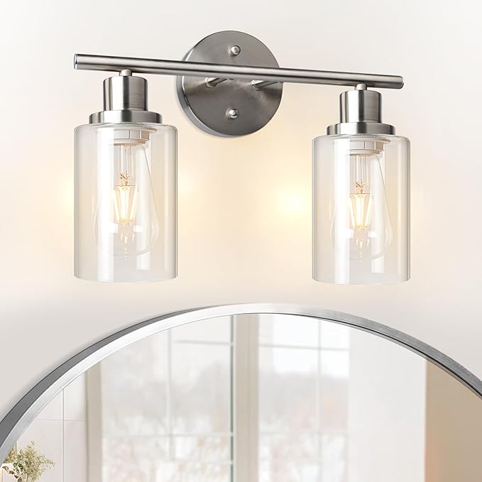 Unicozin 2 Light Vanity Lights, Brushed Nickel Wall Sconce Light with Clear Glass, Bathroom Light Fixtures, Wall Lights for Mirror, Living Room, Bedroom, Hallway, E26 Base (Bulbs Not Included)