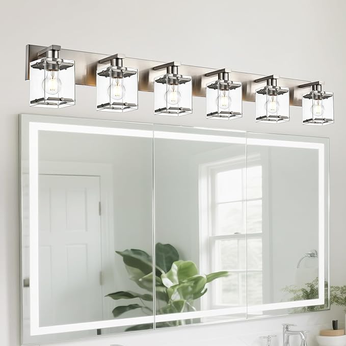 WINSHEN 6-Lights Brushed Nickel Bathroom Light Fixture Over Mirror, Modern Wall Sconce with Clear Glass Shades, E26 Bulb Base Vanity Lighting for Over Mirror Kitchen