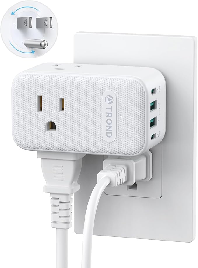 TROND Outlet Extender with 360 Rotating Plug, 3 AC Outlet Splitter with 2 PD 20W USB C Charger, USB Wall Plug Adapter, A Small Charging Station for Kitchen Bathroom Cruise Ship Travel Essentials