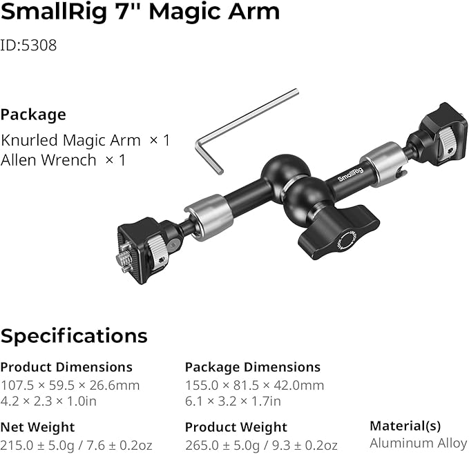 SMALLRIG 7'' Magic Arm with 1/4"-20 Screws & Spring-Loaded Pins, 1.5kg Load Capacity, 360° Dual Ball Head, Non-Slip Design for Cameras/Lights/Monitors/Mics/Phones – 5308