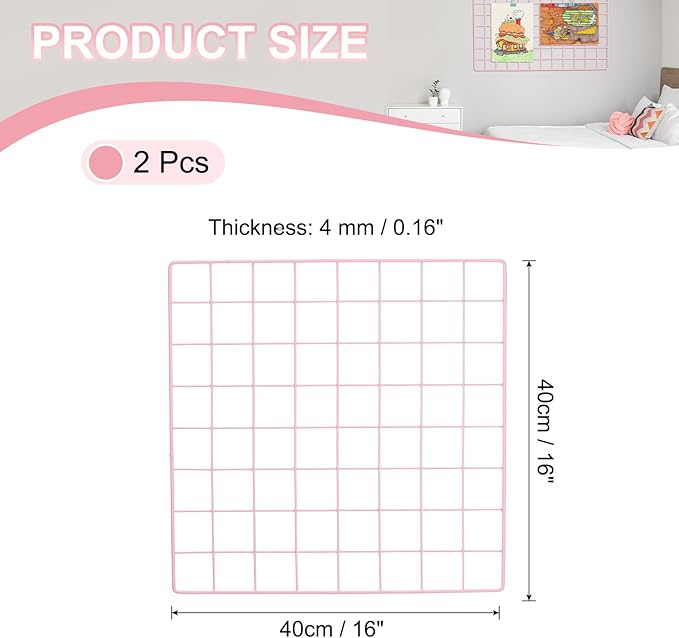 PATIKIL 16"x16" Wire Grid Panel, 2 Pack Board Photo Pictures Memo Display Grid Panels Hanging Organizer Wall Decorative Panel for Home Office Wedding, Pink