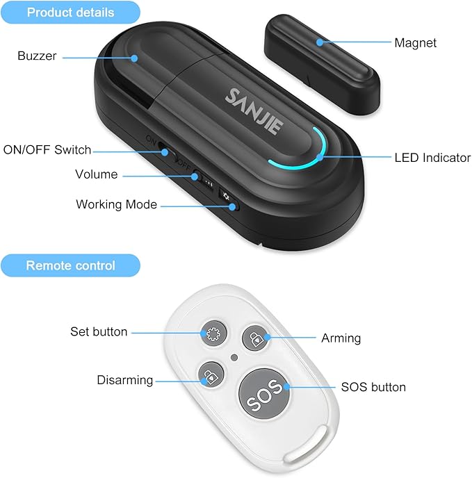 SanJie Door Alarm for Kids Safety with Remote,Wireless Door Chimes When Door Opens for Home/Dementia Patients/Pool,0-120 dB Volume Ajustable 4 Working Modes(2 Remote & 2 Sensor)