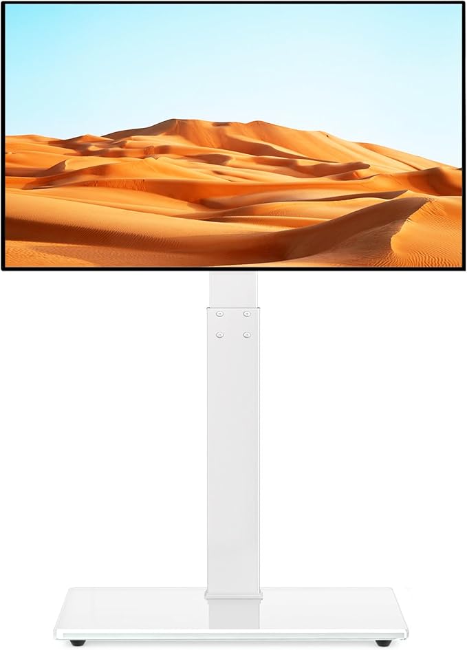 TAVR Universal Floor TV Stand Base for 32-70 Inch TVs up to 110 Lbs with Swivel Height Adjustable Mount, White Tempered Glass Base for Media Storage