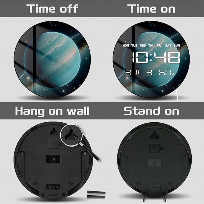 Timethink 12'' Planet Uranus Digital Wall Clock Large Display, Space Solar System Smart Wall Clock Electric Clock with Temperature, Date, 12/24hrs, Automatic Dimming, Plug in LED for Living Room