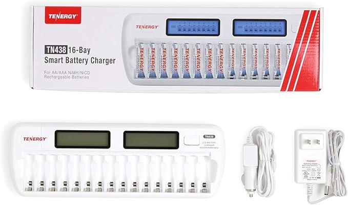Tenergy TN438 16 Bay Battery Charger for AAA and AA Rechargeable Batteries, AA/AAA NiMH/NiCd Rechargeable Batteries Charger with AC Wall Adapter and Car Adapter
