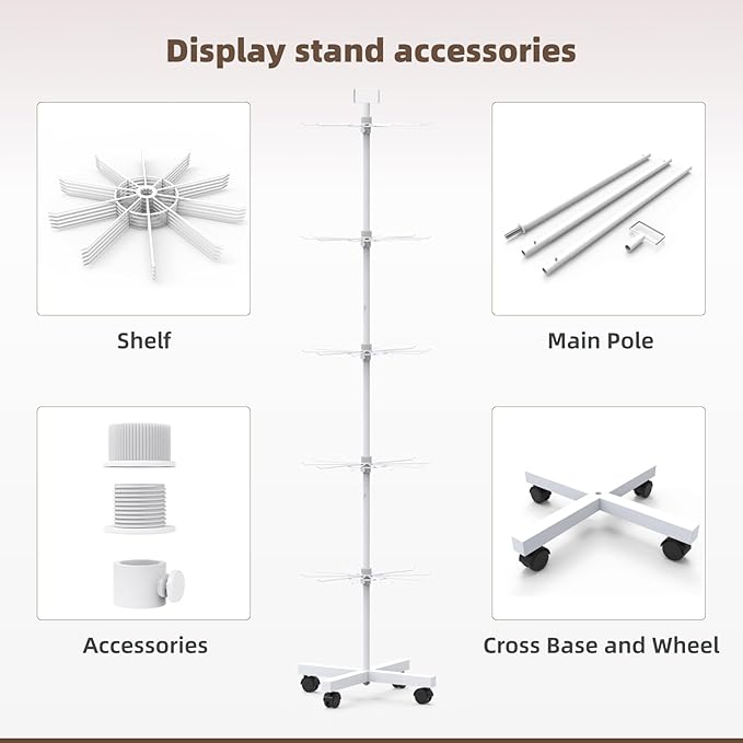 YEOOE Retail Display Racks 5 Tier Spinning Display Stand, Movable Shop Spinner Rack with Hooks, Retail Display Stand for Jewelry Keyring Hats Socks Toys (White)