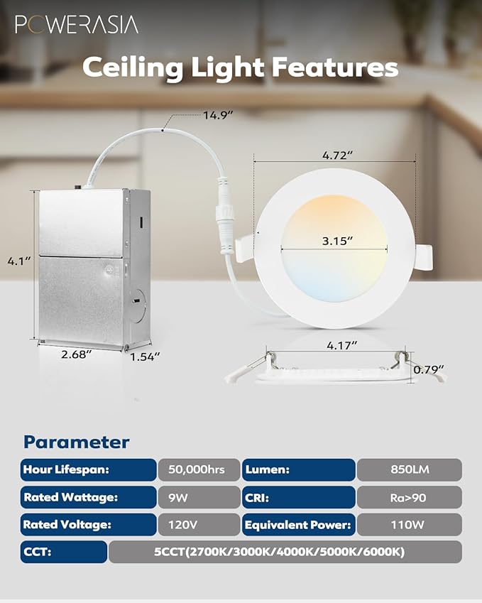 POWERASIA 12 Pack 4 Inch Ultra-Thin LED Recessed Ceiling Light with Junction Box, Recessed Lighting 4 Inch 5000K Dimmable Daylight, 9W 110W Eqv, 850LM High Brightness - ETL and Energy Star Certified