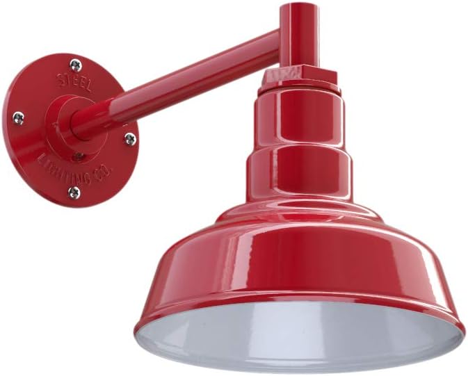 Steel Lighting Co. Hawthorne Barn Light | Outdoor Wall Mounted | 8 inch Dome | 11 inch Straight Arm| Small Farmhouse Light Made in America | Red Exterior/White Interior