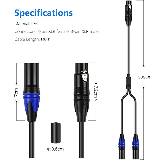 LanSenSu XLR Female to 2 XLR Male Patch Y Cable - 10ft Balanced Microphone Splitter Cord Audio Adaptor (1Pack)