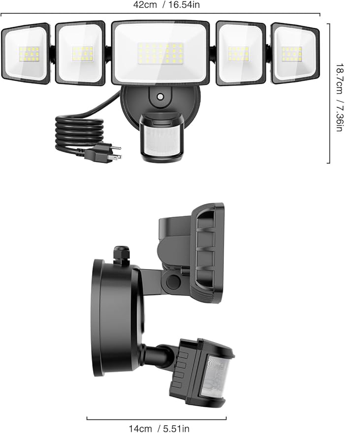 Onforu 5000LM Motion Sensor Outdoor Lights Plug in, 5 Head Motion Sensor Flood Light Outdoor with Remote, Dusk to Dawn Outdoor Lighting, IP65 Waterproof Motion Detector Lights for Outside, Black