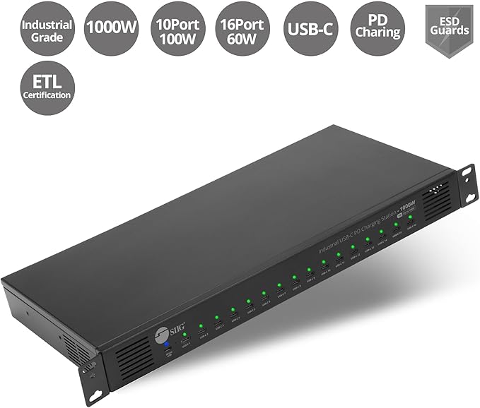 SIIG 16-Port Industrial USB-C PD Charging Station - 1000W - up to 10 USB-C 100W - up to 16 USB-C 60W (ID-US0C11-S1)