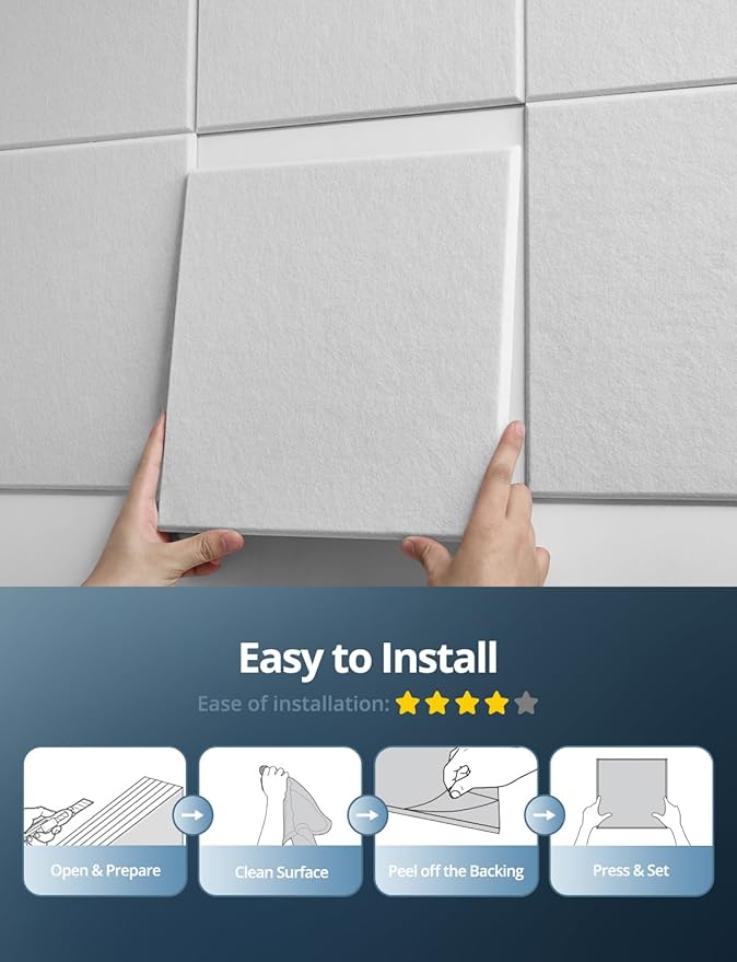 Square Acoustic Wall Panels, Sound Absorbing Panels for Walls, Ceiling, Doors, 12 Pack 12"x12"x0.5" Self Adhesive Decorative Grey Acoustic Tiles for Recording Studio, Office, Room, Home