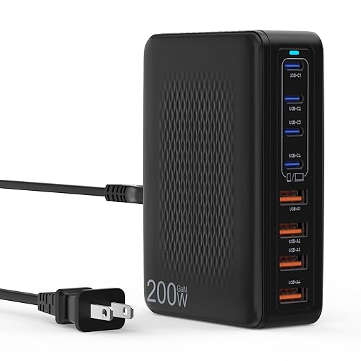 USB C Charger Block, 200W 8 Port USB C Charging Station, GaN Type C & A Charger Fast Charging Desktop Hub PD Block Laptop Adapter for Apple iPhone Air 17 16 15,iPad Pro/Air/Mini,MacBook Pro/Air,Galaxy