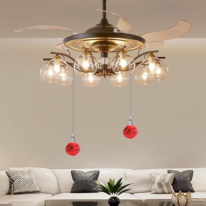 2PCS Red Pull Chain Crystal Glass Ice Cracked Ball Pull Chain for Ceiling Fan Light Decoration 50cm Extension Chain