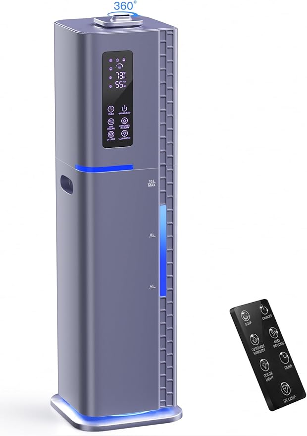 Zeova 10L/2.64Gal Humidifiers for Bedroom, Top Fill Quiet Ultrasonic Cool Mist Humidifier Large Room, Covers 550ft², 60H Runtime, 24H Timer, 3 Mist Modes Humidifiers for Home, Office, Plants, Purple
