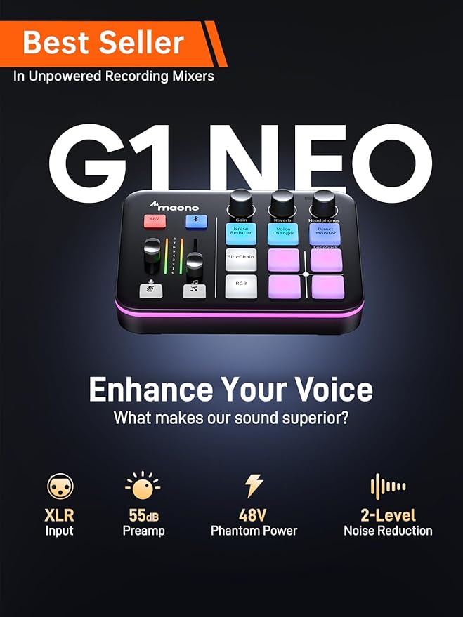 MAONO Gaming Streaming Equipment Bundle: Audio Interface Mixer XLR Dynamic Mic Studio Headphone RGB Noise Reduction Live Streaming Podcasting MaonoCaster PD200XS&G1 NEO&MH601