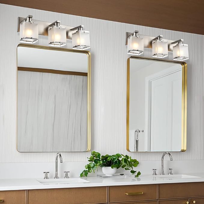WINSHEN Modern 3-Lights Brushed Nickel Vanity Lights, Bathroom Light Fixture Over Mirror Wall Lighting Sconces with Frosted Glass Shades, E26 Bulb Base
