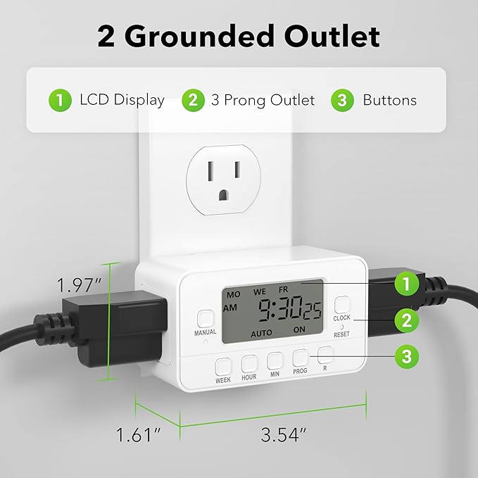 BN-LINK 7-Day Heavy Duty Digital Timer with Dual Outlet, LCD Display, 3-Prong Programmable Design, for Lights, Fans, Coffee Machine, Home, Kitchen, Office, Indoor Use, 125V 15A 1875W, 1 Pack