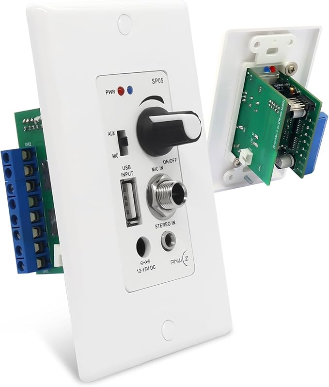 PNWCZ Wall Amplifier Compatible with Bluetooth 4 Channels Volume Control Wall Plate with USB/MIC/AUX(3.5mm) Inputs Terminal Block Connect 4 Speakers