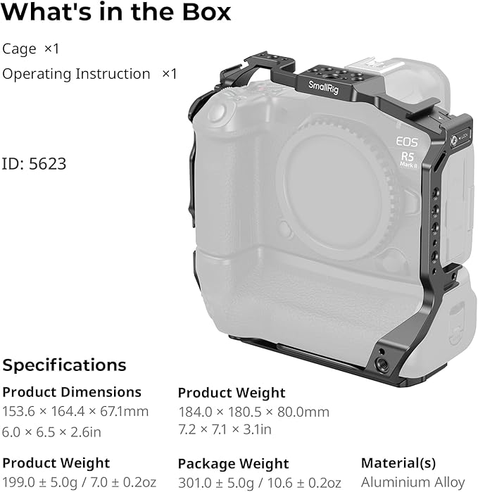 SmallRig R5 Mark II with Battery Grip BG-R20 Camera Cage for Canon, Three-Point Locking Full-Cage with Cold Shoe Mount, Quick Release Plate for Arca for Stabilizer and Tripod Shooting - 5623