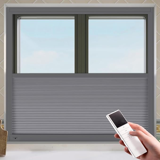 LEXEN Smart Bottom Up Honeycomb Shades - WiFi Enabled Motorized Cellular Blinds Compatible with Alexa/Google Home Easy Install Blackout Honeycomb Blinds with Aluminum Frame Customize Size-Light Grey