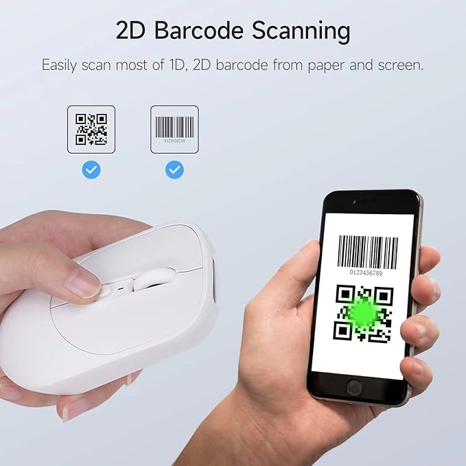 THARO New Wireless Mouse Barcode Scanner, 2-in-1 Design 2D Handheld Barcode Scanner with Wireless Mouse Functions for POS System,Store,Supermarket, Warehouse.(White)