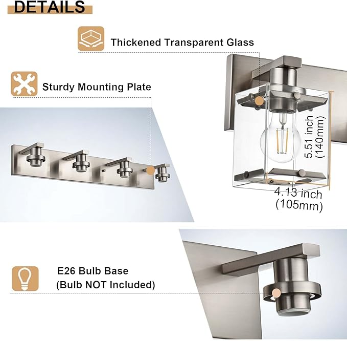 WINSHEN 4-Lights Bathroom Vanity Light Fixtures in Brushed Nickel, E26 Socket Wall Sconce Lighting Fixtures with Clear Glass Shades for Over Mirror Bedroom Living Room Cabinet