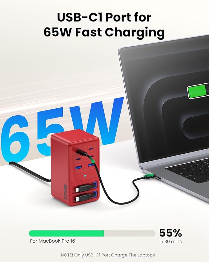 USB C Charger 275W Charging Station with Retractable Dual Cables,Upgraded 8-in-1 GaN IV Fast Charging Hub Block+PD QC PPS 65W Laptop Adapter for MacBook Pro/Air,iPad,iPhone 17/Pro,Galaxy S25,Dell(Red)